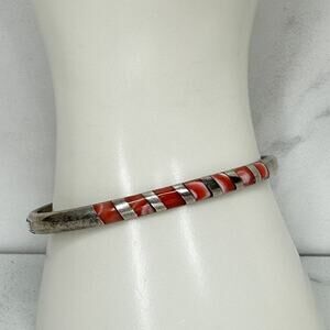Vintage Mexico Silver Tone Coral Color Diagonal Stripe Inlay Hinged Bangle ✨